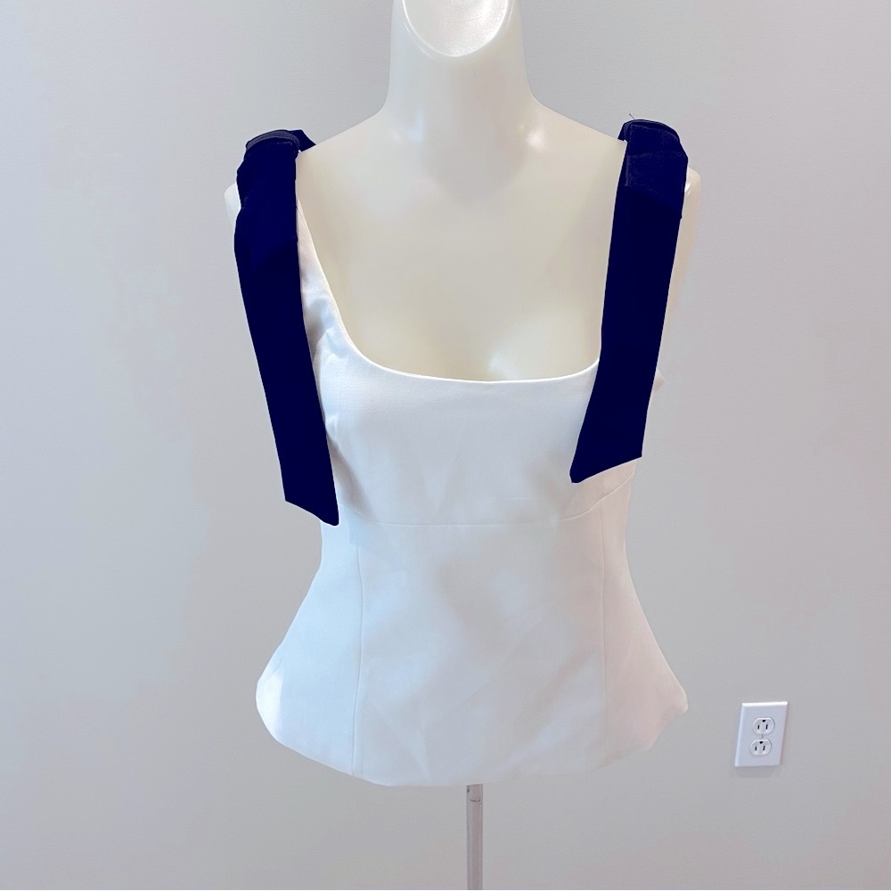 Zara NWT white cotton blend peplum tank with large black shoulder bows size Med